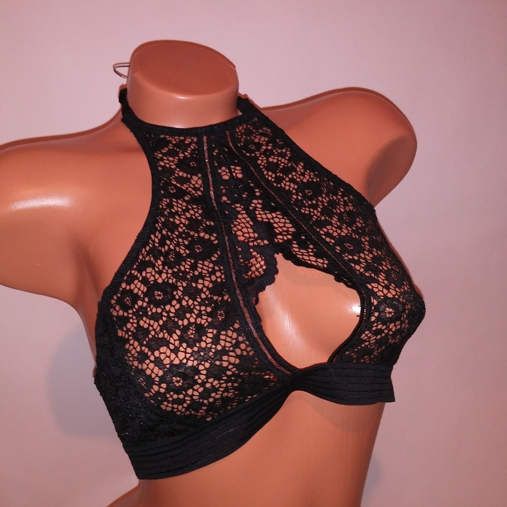 Victoria Secret Bralette Bra Large Black High Neck Keyhole Crochet Lace Wireless